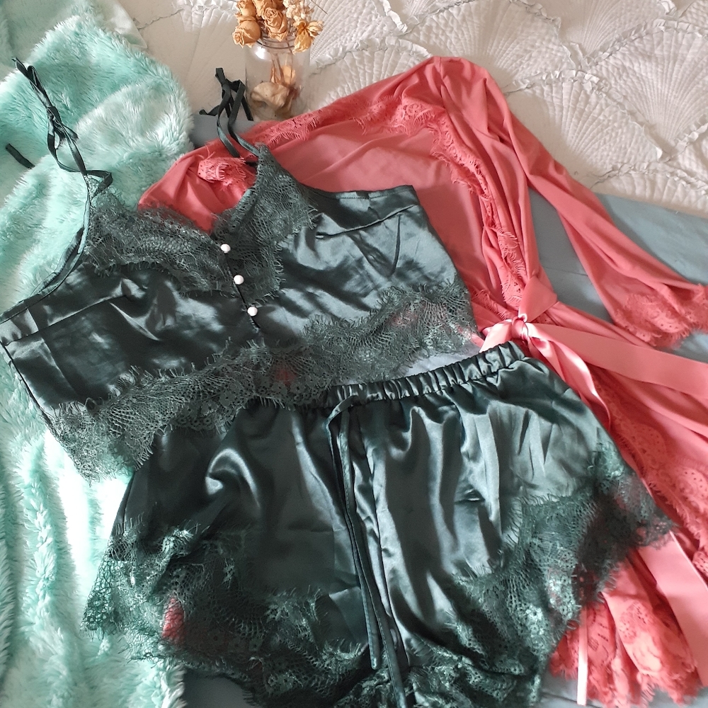 XL forest green 2 piece satin DIDK lingerie bralette and panty set